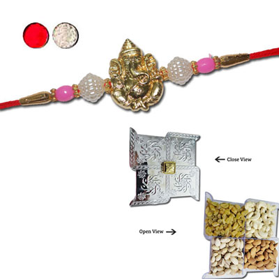 "Rakhi - FR- 8340 A (Single Rakhi), Swastik Dry Fruit Box - Code DFB7000 - Click here to View more details about this Product